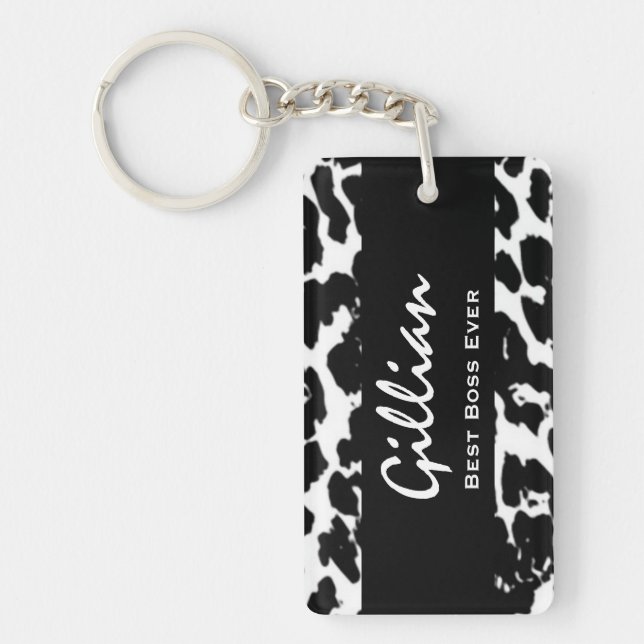 Best Boss Ever Custom Name Black White Leopard Keychain (Front)