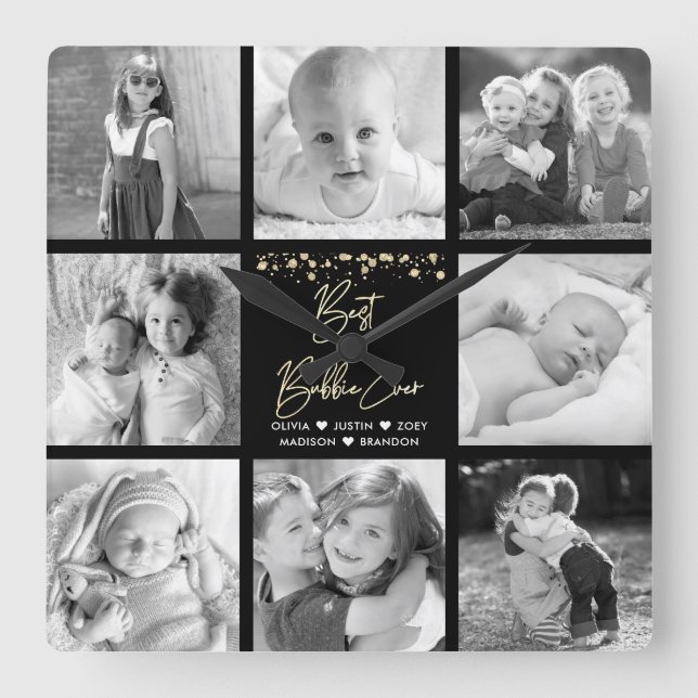 Best Bubbie Ever 8 Photo Collage Gold Glitter Glam Square Wall Clock (Front)