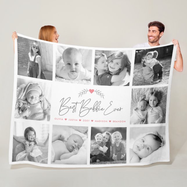 Best Bubbie Ever Modern Script 10 Photo Collage Fleece Blanket (In Situ)