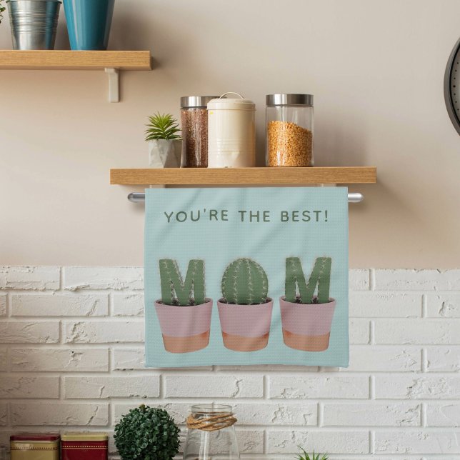 Best Cactus Plant Mom Teal Kitchen Towel (You're the best cactus mom!)