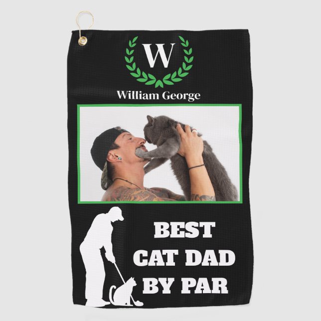 Best Cat Dad By Par with Custom Photo & Monogram Golf Towel (Front)
