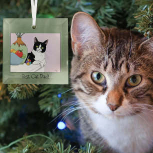 Best Cat Dad Cute Tuxedo Cat Father's Day Glass Ornament