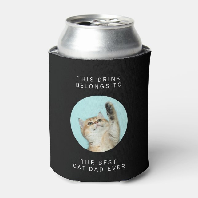 Best Cat Dad Ever Custom Text and 2 Photos Black Can Cooler (Can Front)