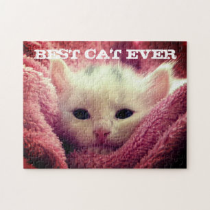 Best Cat Ever Personalized Cat Photo Pink Blanket Jigsaw Puzzle