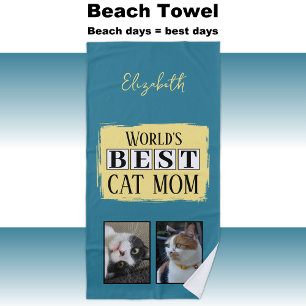 Best cat mom 2 photo name blue yellow beach towel
