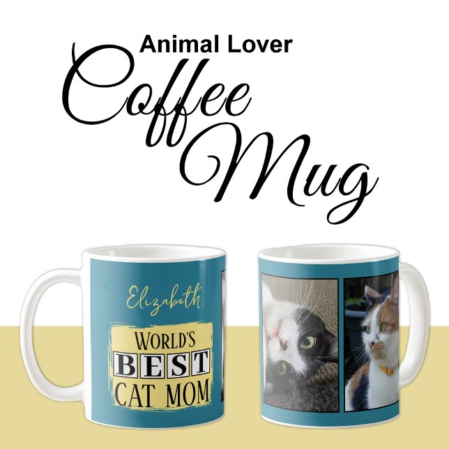 Best cat mom 2 photo name blue yellow coffee mug (Creator Uploaded)