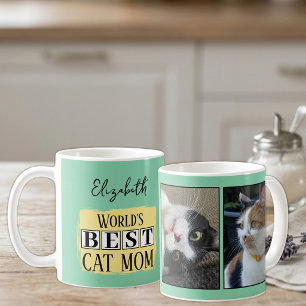 Best cat mom 2 photo name green yellow coffee mug