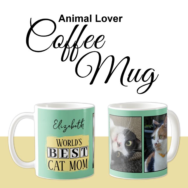 Best cat mom 2 photo name green yellow coffee mug (Creator Uploaded)