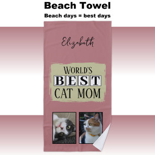 Best cat mom 2 photo name pink green beach towel