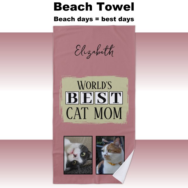 Best cat mom 2 photo name pink green beach towel (Creator Uploaded)