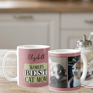 Best cat mom 2 photo name pink green coffee mug
