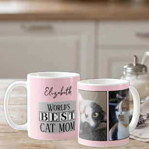 Best cat mom 2 photo name pink grey coffee mug