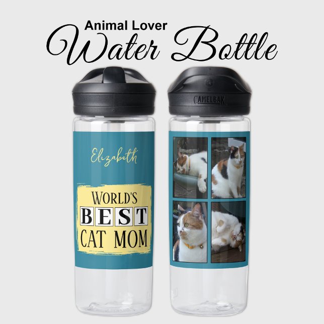 Best cat mom 4 photo name blue yellow water bottle (Creator Uploaded)
