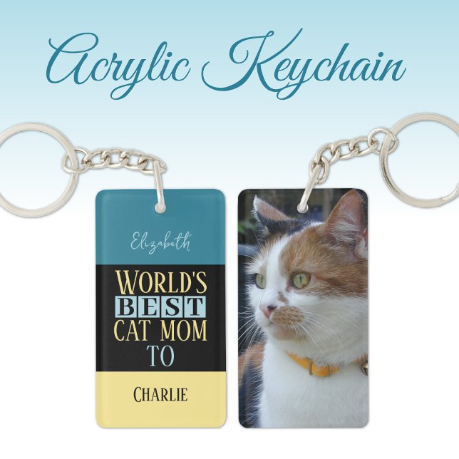 Best cat mom add name photo blue yellow keychain (Creator Uploaded)