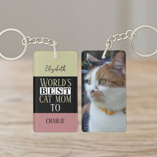 Best cat mom add name photo pink green keychain