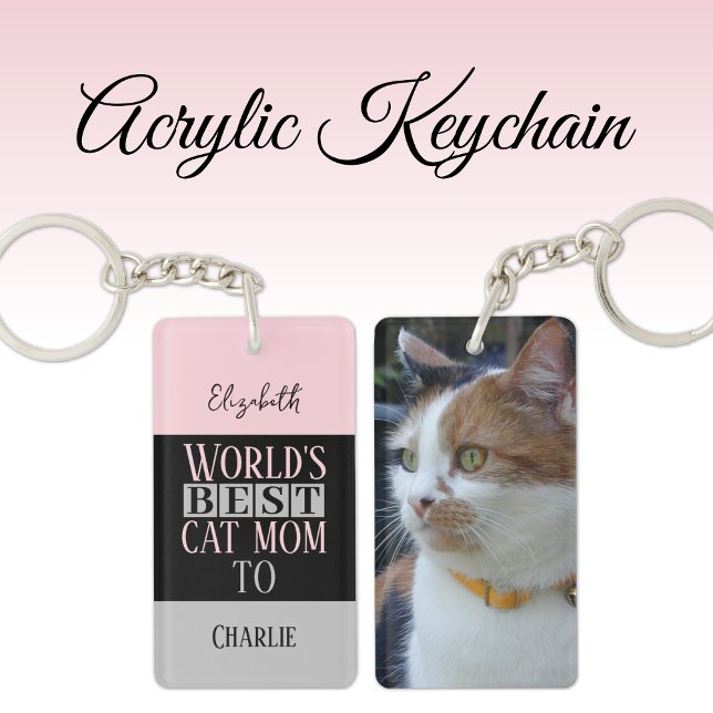 Best cat mom add name photo pink grey keychain (Creator Uploaded)