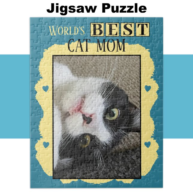 Best cat mom add photo blue yellow jigsaw puzzle (Creator Uploaded)