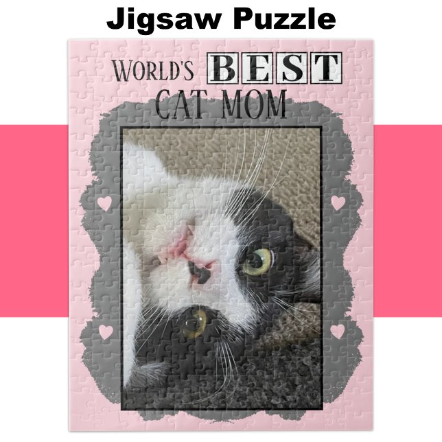 Best cat mom add photo pink grey jigsaw puzzle (Creator Uploaded)