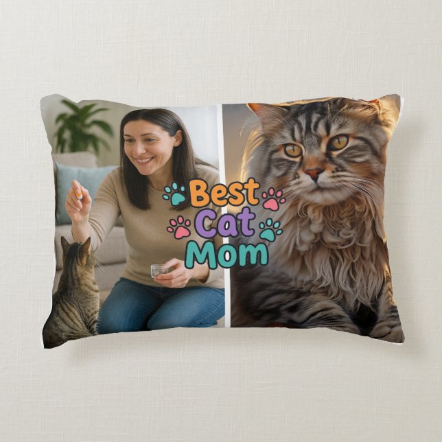 Best Cat Mom Custom Pillow with Two Photos (Front)