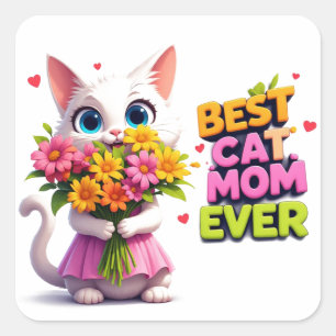Best Cat Mom Cute Kitty With Flowers 🐾 Square Sticker