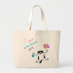 Best Cat Mom Cute Tuxedo Kitty Colourful Balloons Large Tote Bag