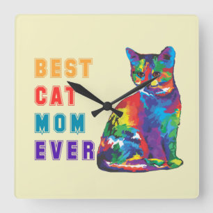 Best cat mom ever colourful cute cat kitten square wall clock