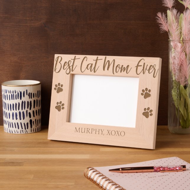 Best Cat Mom Ever Custom Engraved Wooden Frame (Left)