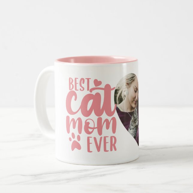 Best Cat Mom Ever Cute Photo Name Pink Two-Tone Coffee Mug (Front Left)