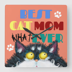 Best Cat Mom Ever grumpy cat funny text cartoon Square Wall Clock