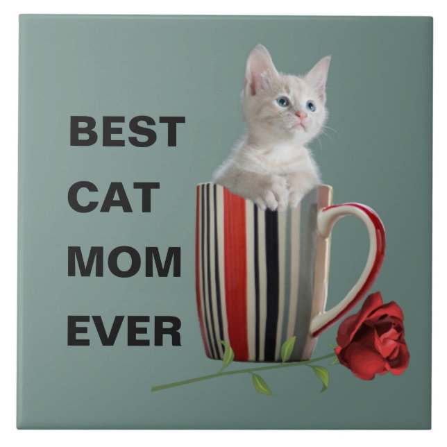 Best Cat Mom Ever kitten coffee mug flower modern Tile (Front)
