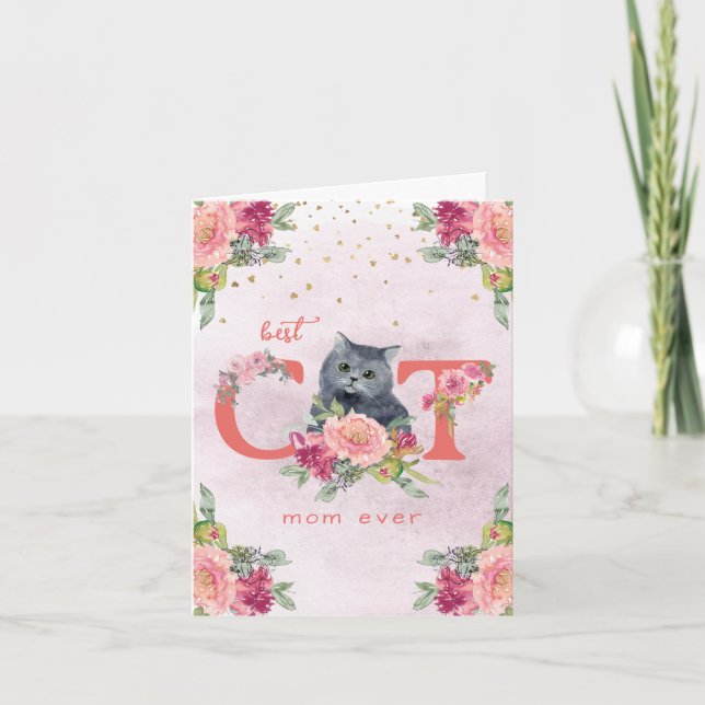 Best Cat Mom Ever Kitten Illustration Mother Day Thank You Card (Front)