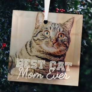 Best Cat Mom Ever Modern Custom Pet Photo Glass Ornament