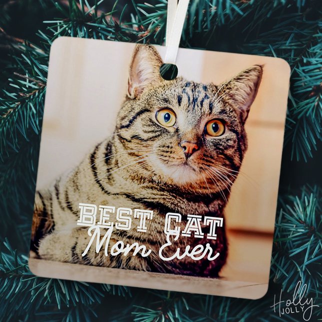 Best Cat Mom Ever Modern Custom Pet Photo Metal Ornament (Creator Uploaded)