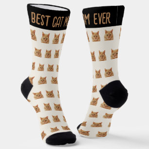 Best Cat Mom Ever Pet Head Photo Pattern Ivory Socks