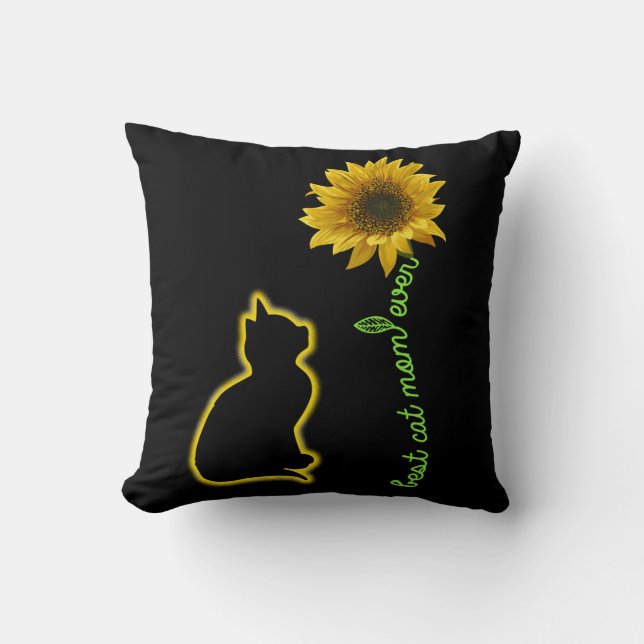 Best Cat Mom Ever Sunflower Feline Mother Throw Pillow (Front)