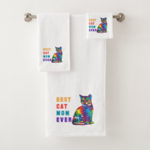 Best cat mom ever text multicolor cute cat lover bath towel set