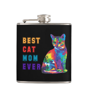 Best cat mom ever text multicolor cute cat lover hip flask