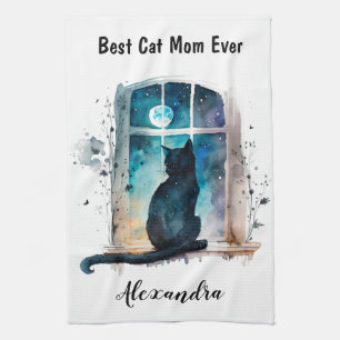 Best Cat Mom Ever Window Silhouette Custom Text Kitchen Towel