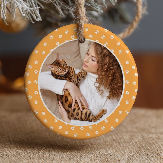 Best Cat Mom Paw Patten on Yellow Pet Name& Photo  Ceramic Ornament (Creator Uploaded)