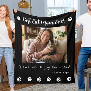 Best Cat Mom Paws Pet Photo Black Fleece Blanket
