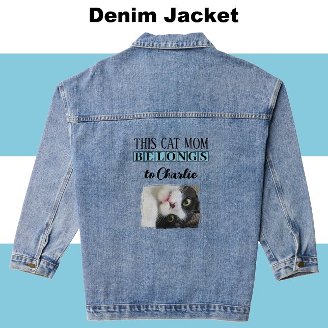 Best cat mom photo add name blue denim jacket (Creator Uploaded)