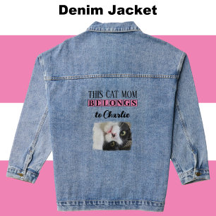 Best cat mom photo add name pink denim jacket
