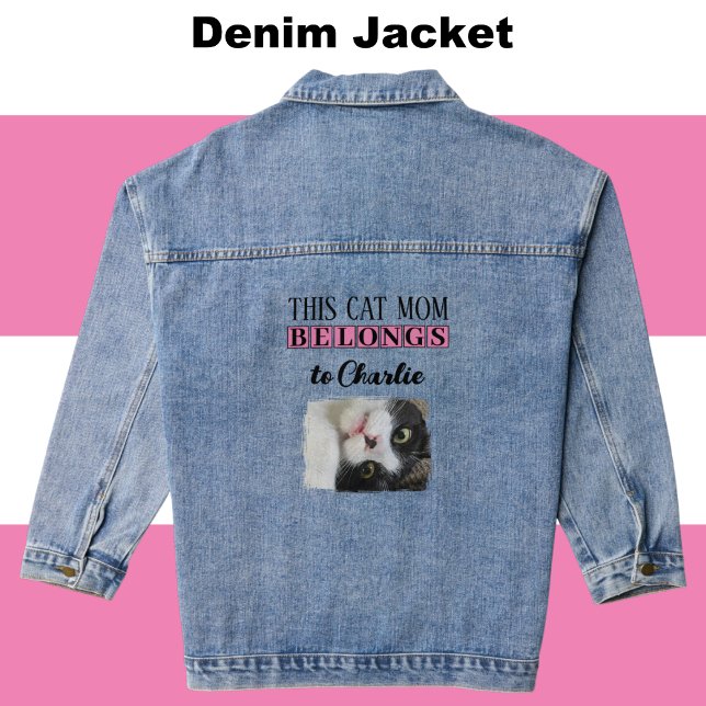 Best cat mom photo add name pink denim jacket (Creator Uploaded)
