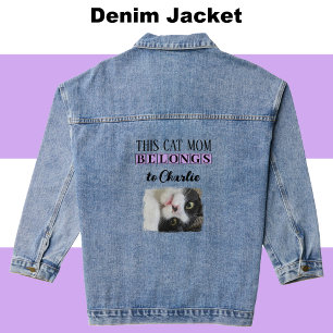Best cat mom photo add name purple denim jacket