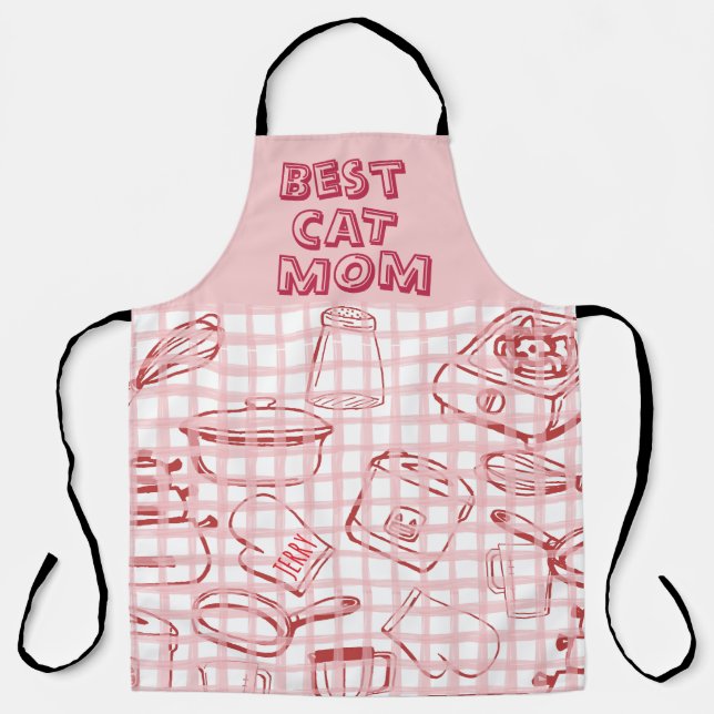 "Best Cat Mom" Red & Pink Apron (Front)