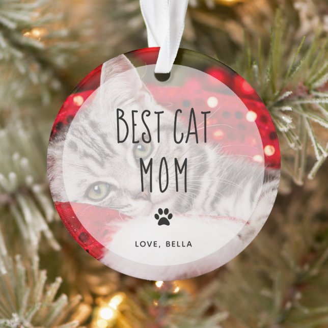 Best Cat Mom | Two Photo Handwritten Text Ornament (Tree)