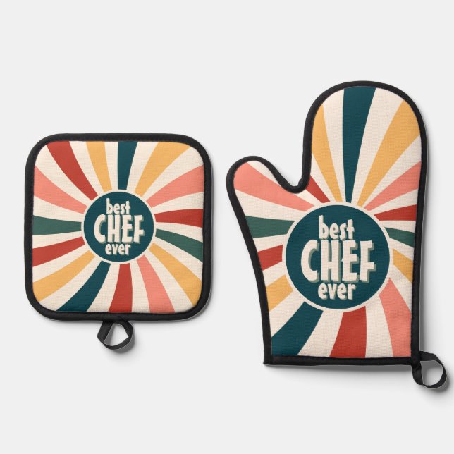 Best Chef Ever Colourful Retro Pattern Cooking Oven Mitt & Pot Holder Set (Front)