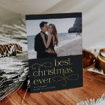 Best Christmas Ever Engagement Photo Foil Holiday Card<br><div class="desc">Share the news of your holiday season engagement with these elegant and festive engagement announcement cards featuring a single horizontal or landscape oriented photo with "best Christmas ever" beneath in gold foil lettering on a rich off-black background. Personalize with your announcement (shown with "we're engaged") and names beneath, and add...</div>