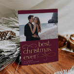 Best Christmas Ever Engagement Photo Foil Holiday Card<br><div class="desc">Share the news of your holiday season engagement with these elegant and festive engagement announcement cards featuring a single horizontal or landscape oriented photo with "best Christmas ever" beneath in gold foil lettering on a rich holiday plum background. Personalize with your announcement (shown with "we're engaged") and names beneath, and...</div>