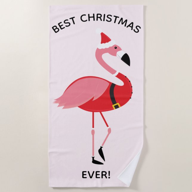 Best Christmas Ever Pink Flamingo Santa Beach Towel (Front)